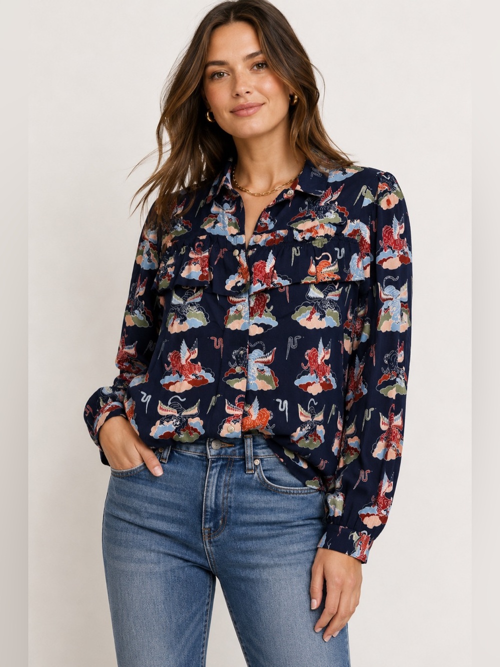 Eleven Paris La Collection Navy Printed Ruffle Blouse XS Button Front Top